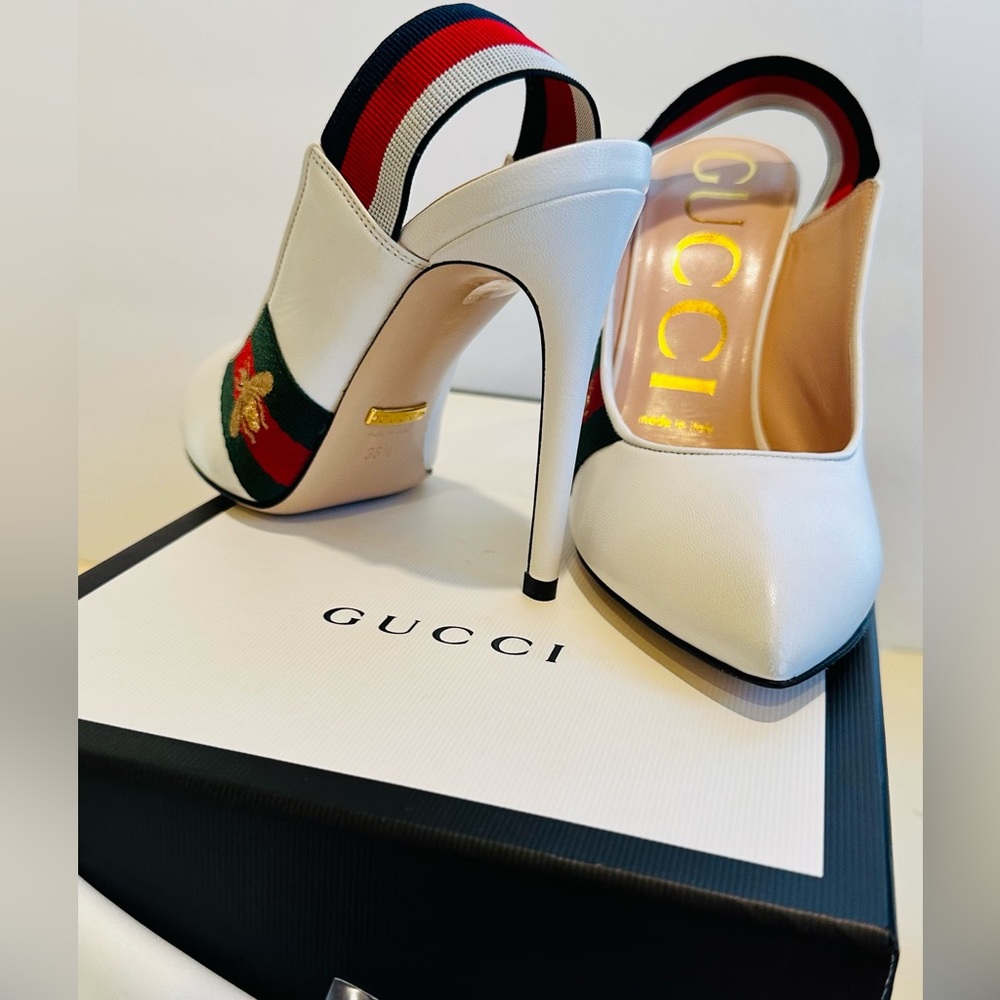 Gucci Sylvie Leather Slingback Pumps with Bee in White 36.5 - Picture 10 of 16